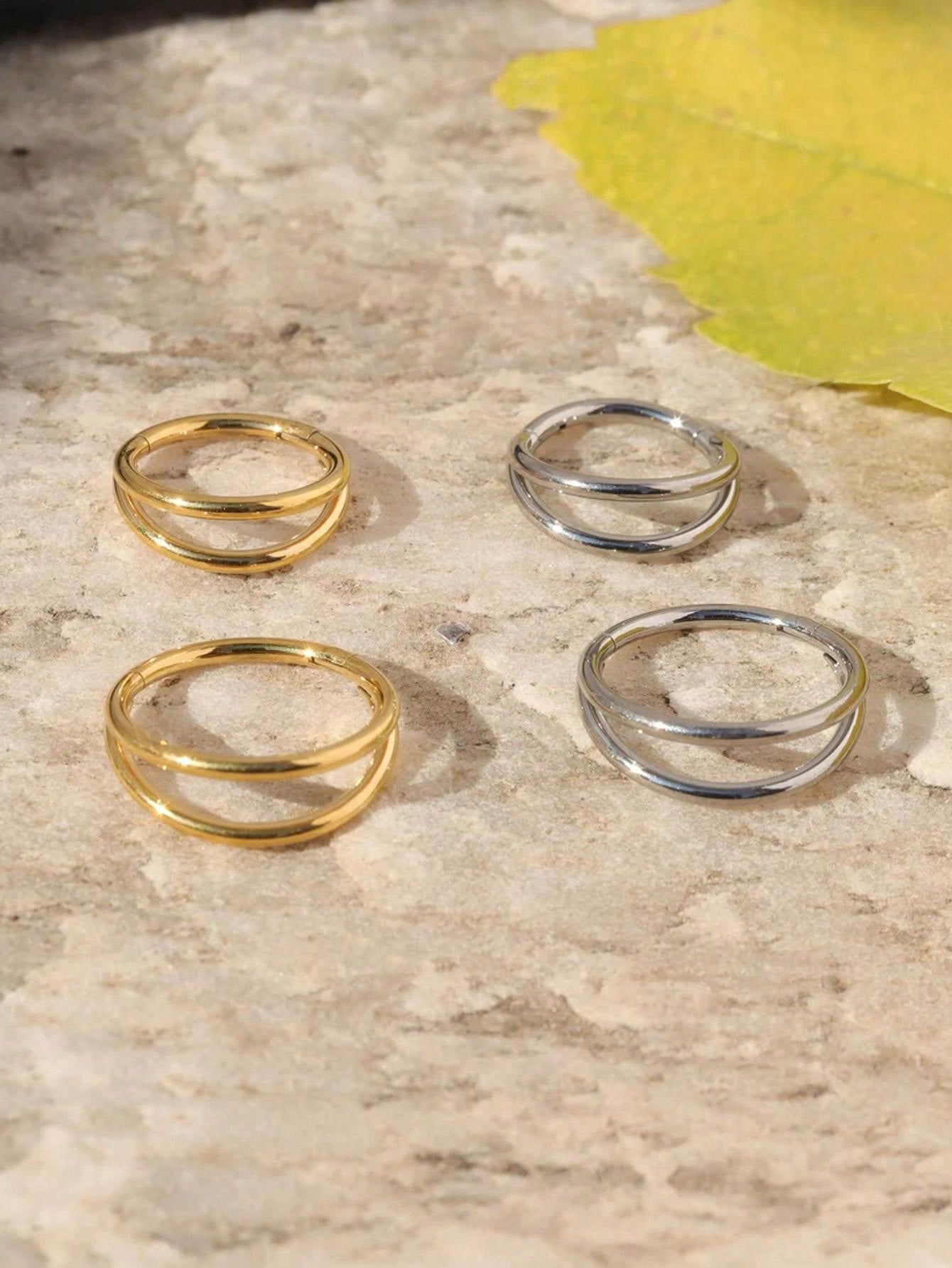 حلق أنف معدني مزدوج الخطوط من الفولاذ المقاوم للصدأ، حلق حفرة الأنف الوجه الشفة والأذن