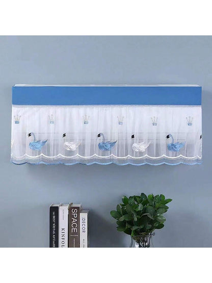 قطعة واحدة من غطاء غبار مكيف الهواء، غطاء أنيق مثبت على الحائط لغرفة النوم ومضاد للرياح ومضاد للنفخ المباشر مع نمط كرتوني وقماش دانتيل، غطاء مكيف عالمي