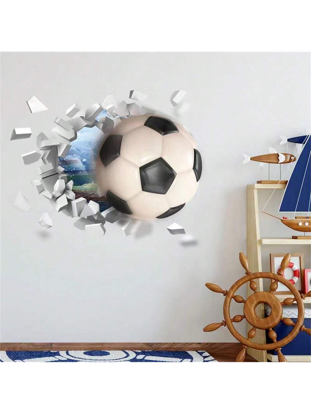 ملصق حائط ثلاثي الأبعاد ستيريوسكوبي كرة قدم، راجبي، ملصقات ديكور الحائط للأطفال غرفة، حضانة، ديكور غرفة النوم، لاصق ذاتي
