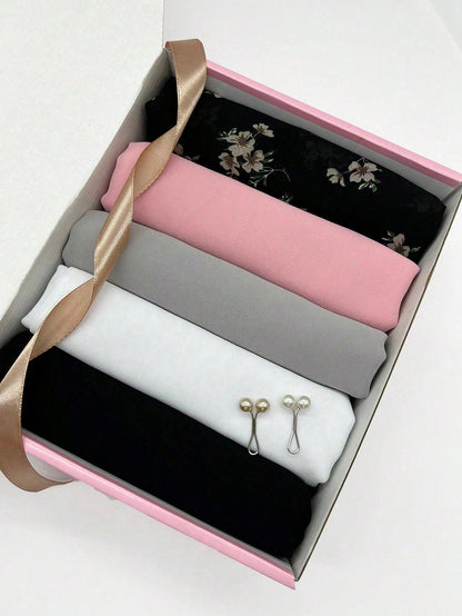 صندوق مجموعة حجاب شيفون للنساء المسلمات - 5 قطع من أوشحة الحجاب المطبوعة   قطعتين من القماش الصلب غير اللكم، فرشاة إسفنجة، رف تصريف، رف تخزين الحوض