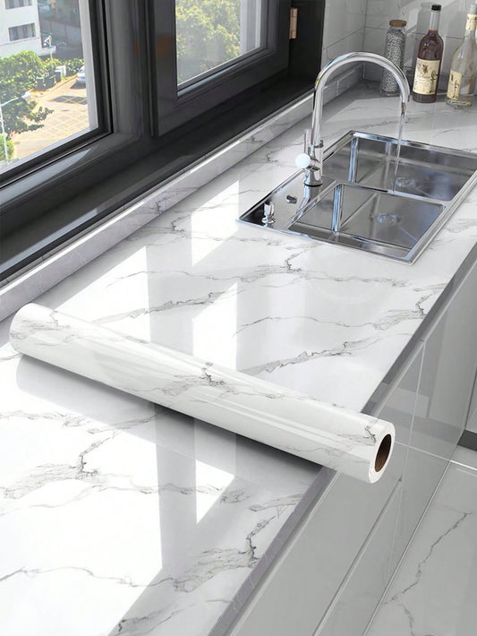 ملصق زيتي للمطبخ بنقشة رخامية بيضاء