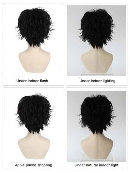 شعر مستعار اصطناعي متعدد الاستخدامات للتنكر بأشكال الأنمي، تصميم شعر أسود قصير بتجعيدات للأعلى، شعر مستعار كامل للتنكر في المهرجانات والأعياد والاحتفالات