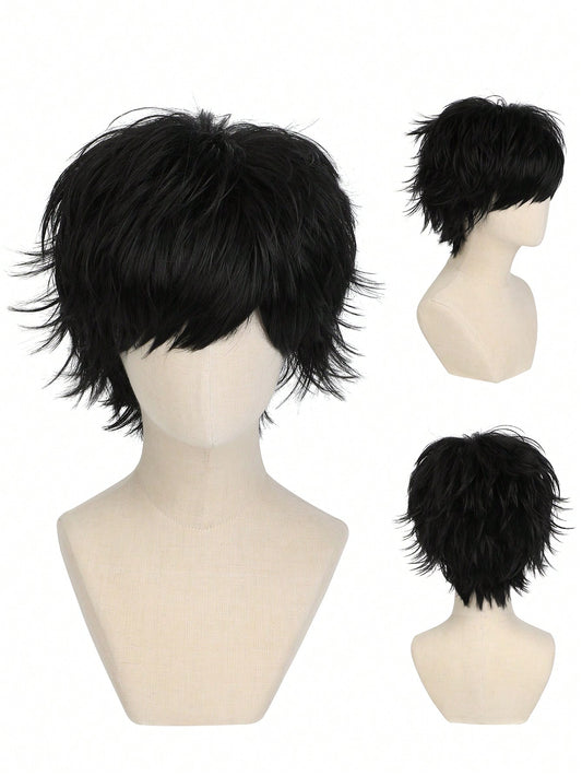 شعر مستعار اصطناعي متعدد الاستخدامات للتنكر بأشكال الأنمي، تصميم شعر أسود قصير بتجعيدات للأعلى، شعر مستعار كامل للتنكر في المهرجانات والأعياد والاحتفالات