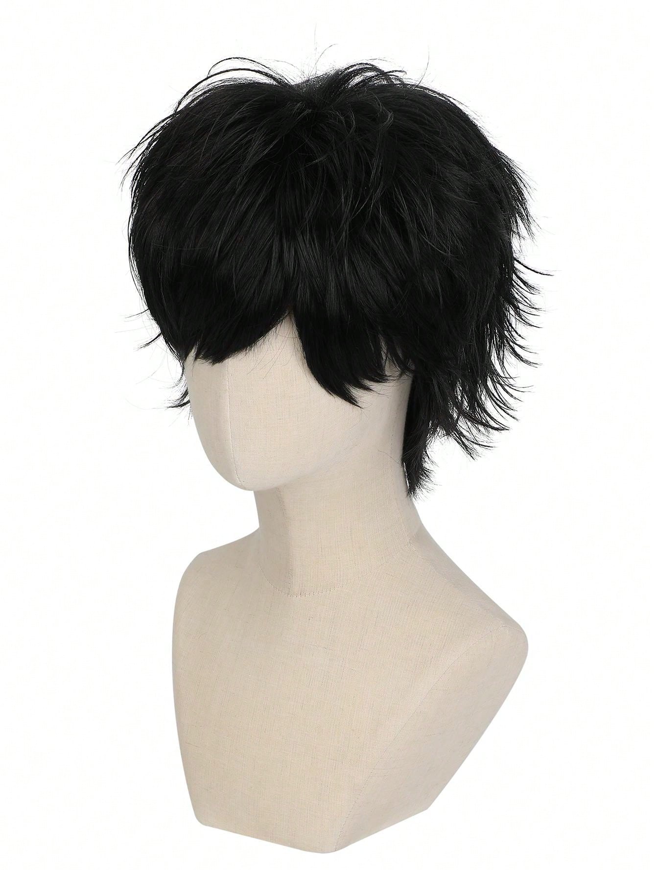 شعر مستعار اصطناعي متعدد الاستخدامات للتنكر بأشكال الأنمي، تصميم شعر أسود قصير بتجعيدات للأعلى، شعر مستعار كامل للتنكر في المهرجانات والأعياد والاحتفالات