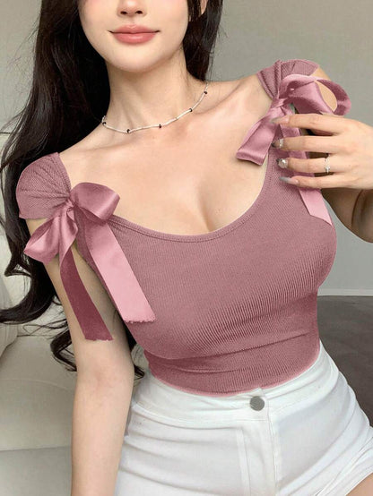 ملابس علوية نسائية قصيرة الأكمام مزودة بفيونكة ذات فتحة الرقبة الخلفية مناسبة للصيف