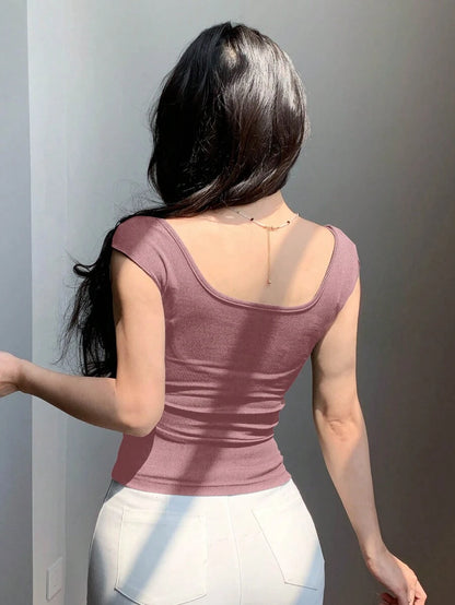 ملابس علوية نسائية قصيرة الأكمام مزودة بفيونكة ذات فتحة الرقبة الخلفية مناسبة للصيف