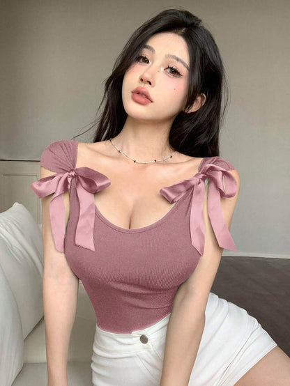 ملابس علوية نسائية قصيرة الأكمام مزودة بفيونكة ذات فتحة الرقبة الخلفية مناسبة للصيف