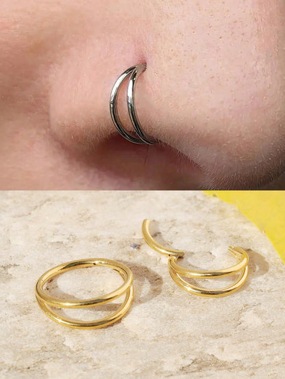 حلق أنف معدني مزدوج الخطوط من الفولاذ المقاوم للصدأ، حلق حفرة الأنف الوجه الشفة والأذن