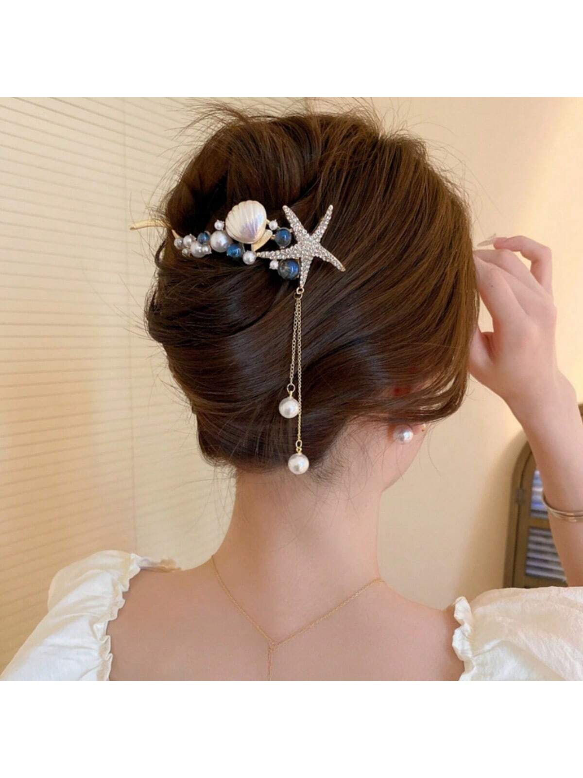 مشبك شعر نسائي بشكل النجمة و المحارة و اللؤلؤ متعدد الألوان وأنيق مع أسلوب العطلة اللطيف، مناسب للارتداء اليومي والعطلات
