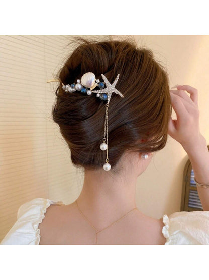 مشبك شعر نسائي بشكل النجمة و المحارة و اللؤلؤ متعدد الألوان وأنيق مع أسلوب العطلة اللطيف، مناسب للارتداء اليومي والعطلات