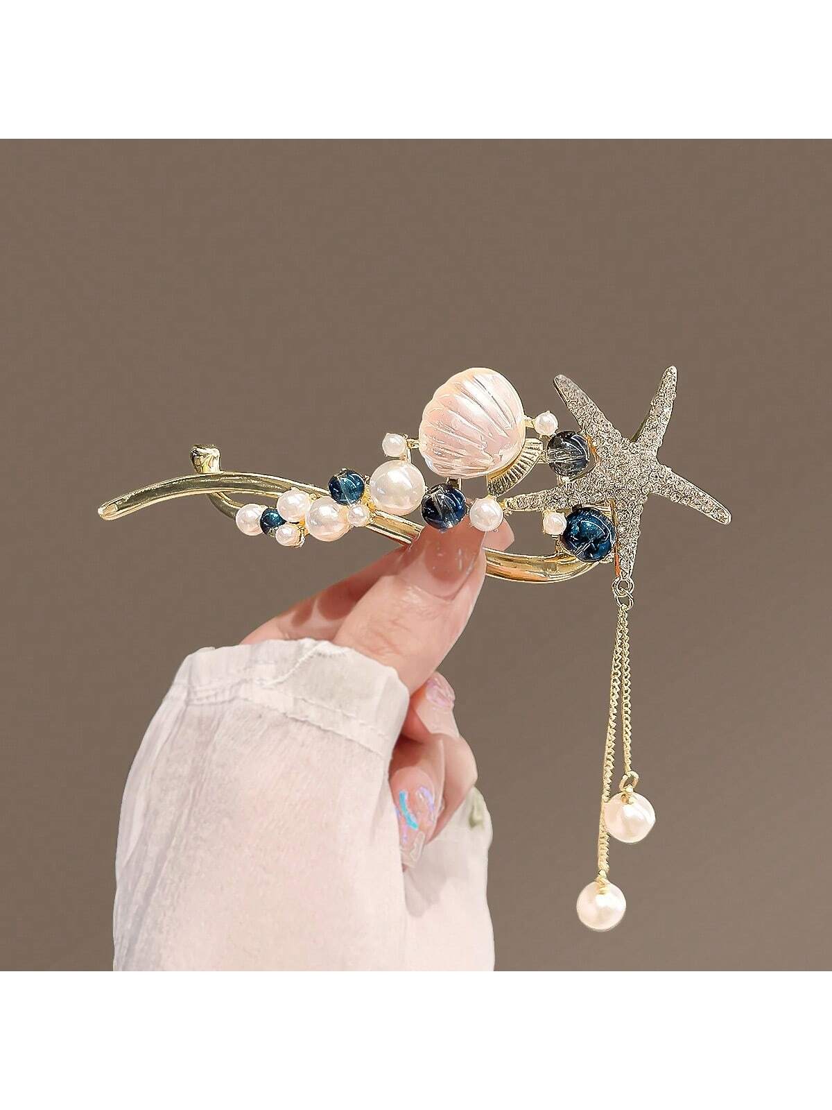 مشبك شعر نسائي بشكل النجمة و المحارة و اللؤلؤ متعدد الألوان وأنيق مع أسلوب العطلة اللطيف، مناسب للارتداء اليومي والعطلات