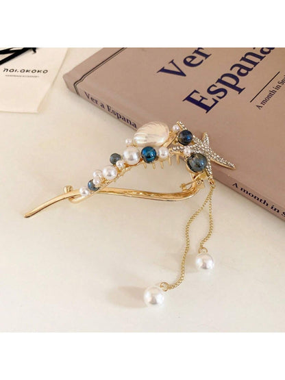 مشبك شعر نسائي بشكل النجمة و المحارة و اللؤلؤ متعدد الألوان وأنيق مع أسلوب العطلة اللطيف، مناسب للارتداء اليومي والعطلات