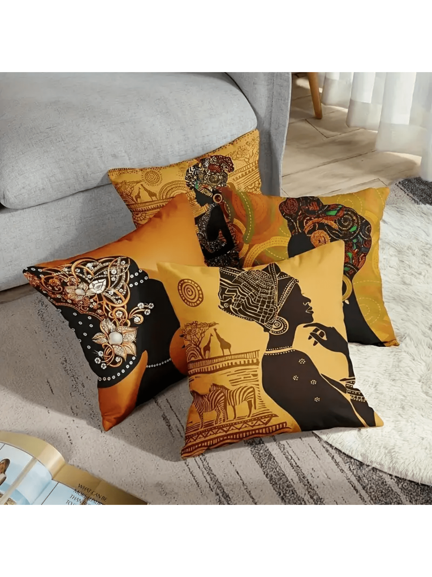 غطاء وسادة زينة نسائيات أفريقي 4 قطع لمنطقة الجلوس و الأريكة ، غطاء وسادة من الكتان (لا يشمل النواة)
