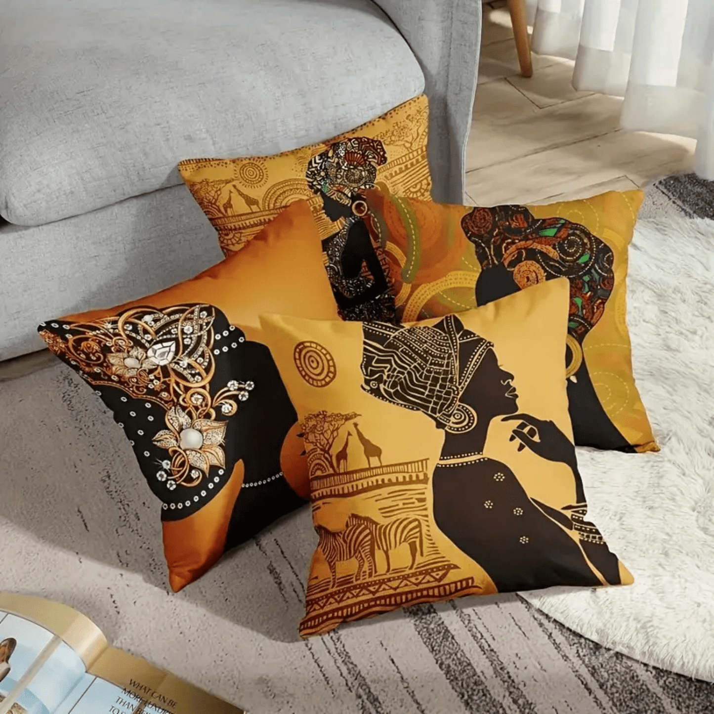 غطاء وسادة زينة نسائيات أفريقي 4 قطع لمنطقة الجلوس و الأريكة ، غطاء وسادة من الكتان (لا يشمل النواة)