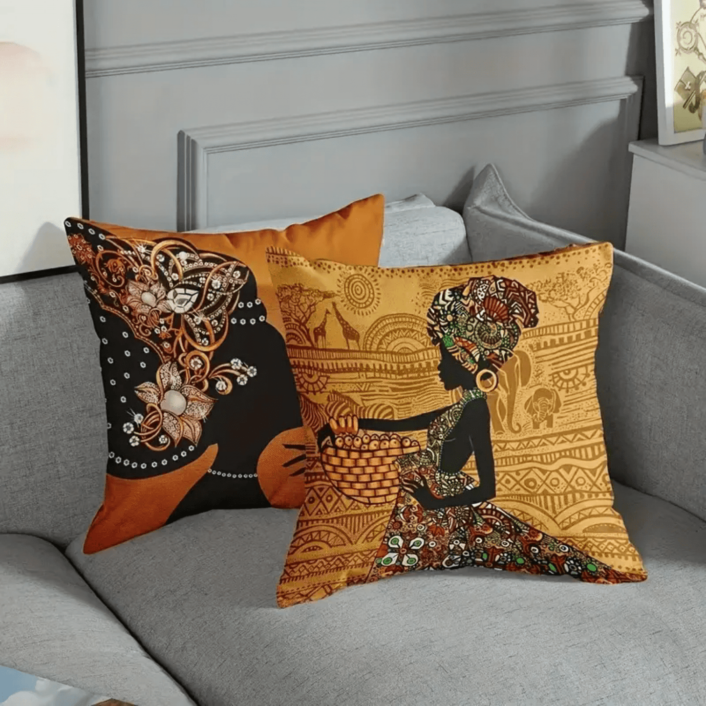 غطاء وسادة زينة نسائيات أفريقي 4 قطع لمنطقة الجلوس و الأريكة ، غطاء وسادة من الكتان (لا يشمل النواة)