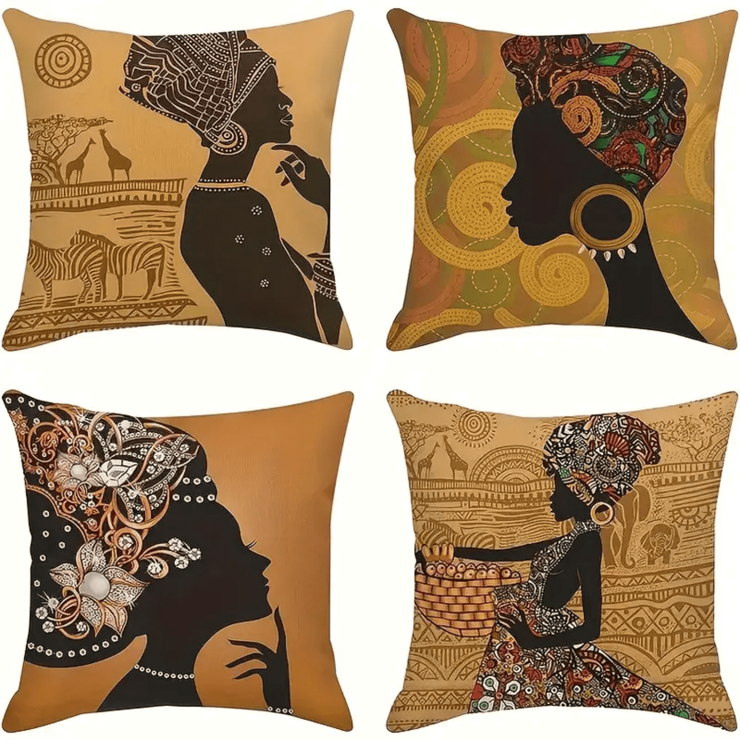 غطاء وسادة زينة نسائيات أفريقي 4 قطع لمنطقة الجلوس و الأريكة ، غطاء وسادة من الكتان (لا يشمل النواة)