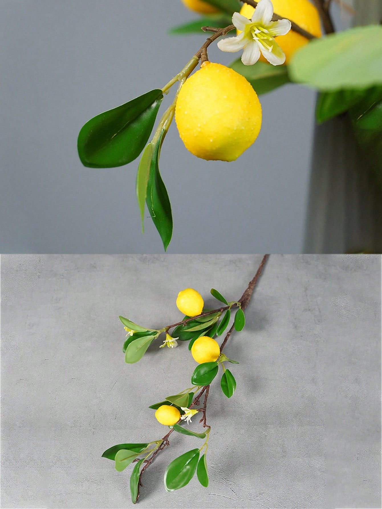 فرع شجرة ليمون اصطناعي وهمي مع أوراق خضراء وليمون على أغصان طويلة مناسبة للمزارع والفازات وطاولات الطعام للديكور المنزلي