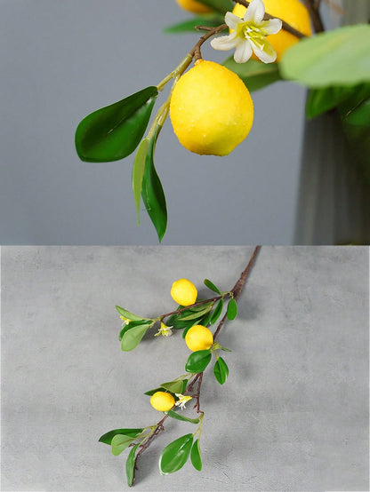 فرع شجرة ليمون اصطناعي وهمي مع أوراق خضراء وليمون على أغصان طويلة مناسبة للمزارع والفازات وطاولات الطعام للديكور المنزلي