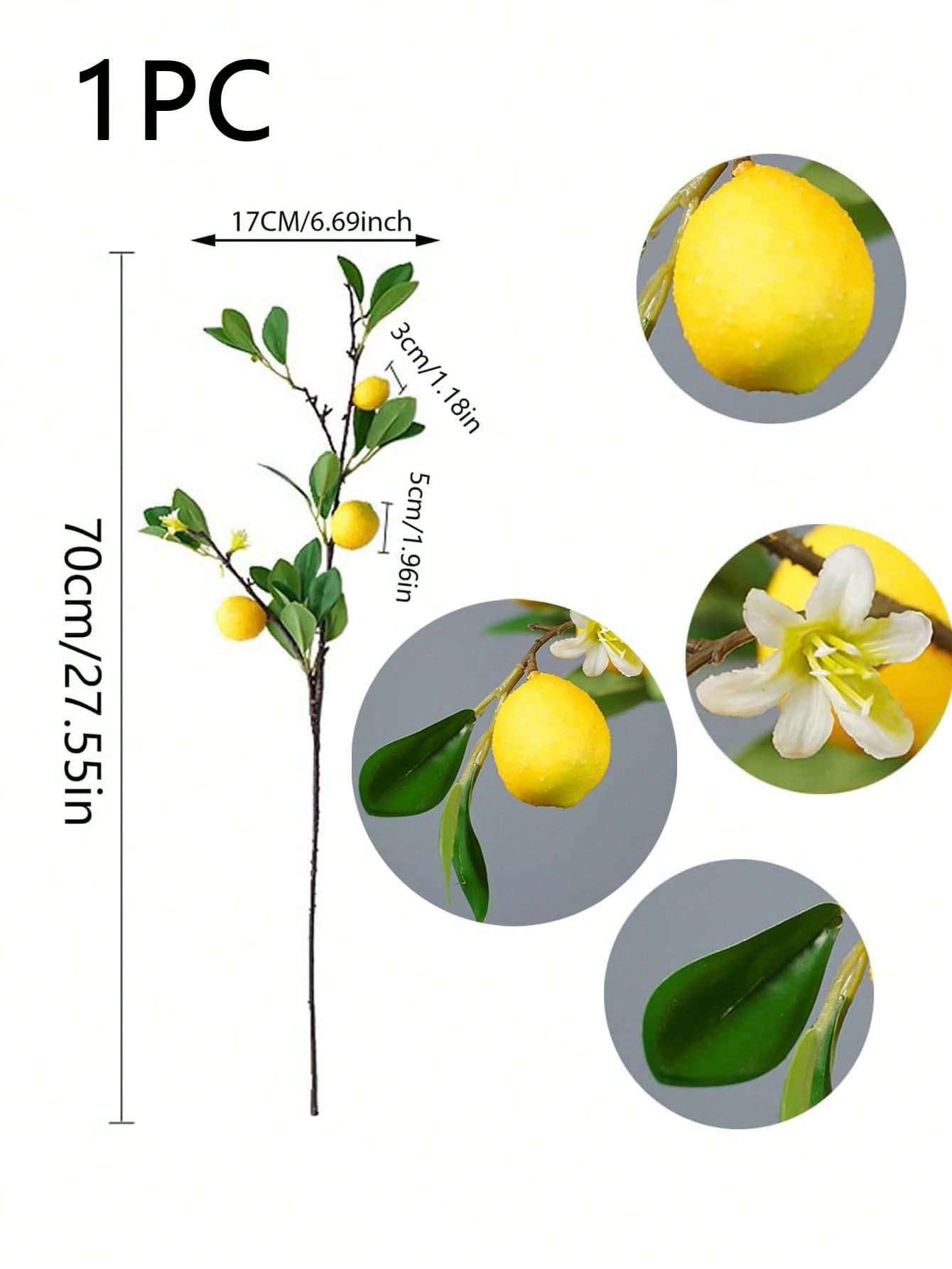فرع شجرة ليمون اصطناعي وهمي مع أوراق خضراء وليمون على أغصان طويلة مناسبة للمزارع والفازات وطاولات الطعام للديكور المنزلي