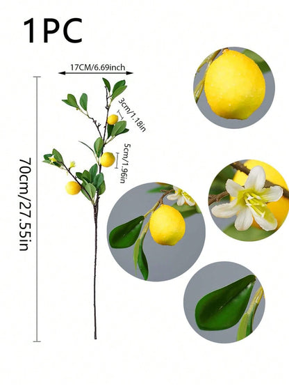 فرع شجرة ليمون اصطناعي وهمي مع أوراق خضراء وليمون على أغصان طويلة مناسبة للمزارع والفازات وطاولات الطعام للديكور المنزلي