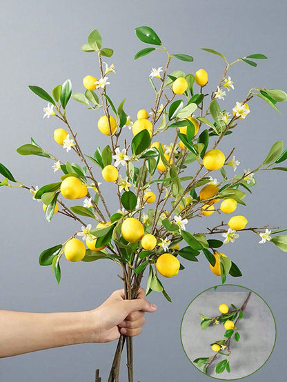 فرع شجرة ليمون اصطناعي وهمي مع أوراق خضراء وليمون على أغصان طويلة مناسبة للمزارع والفازات وطاولات الطعام للديكور المنزلي