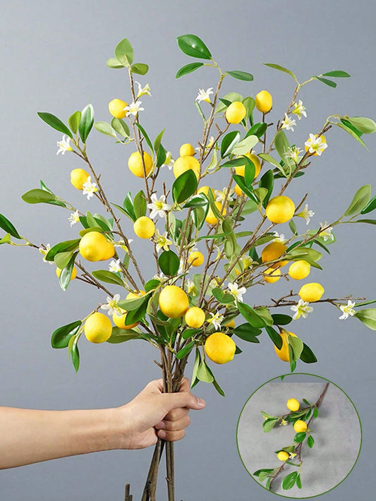 فرع شجرة ليمون اصطناعي وهمي مع أوراق خضراء وليمون على أغصان طويلة مناسبة للمزارع والفازات وطاولات الطعام للديكور المنزلي