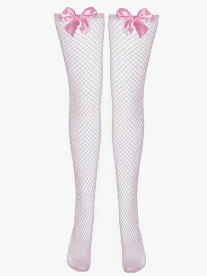 جوارب طويلة للنساء مزينة بالقوس الجذاب، وردية جذابة فوق الركبة، لعبة تنكرية، زي اللوليتا لفتيات المدارس، جوارب فوق الفخذين
