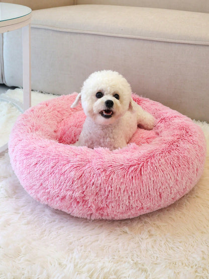 سرير حيوان أليف دائري بفرو صلب متوفر بلون واحد، غير قابل للإزالة، ناعم ومريح، يمكن غسله في الغسالة، مناسب للاستخدام اليومي والسفر مع القطط والكلاب، مثالي للحيوانات الأليفة صغيرة ومتوسطة الحجم