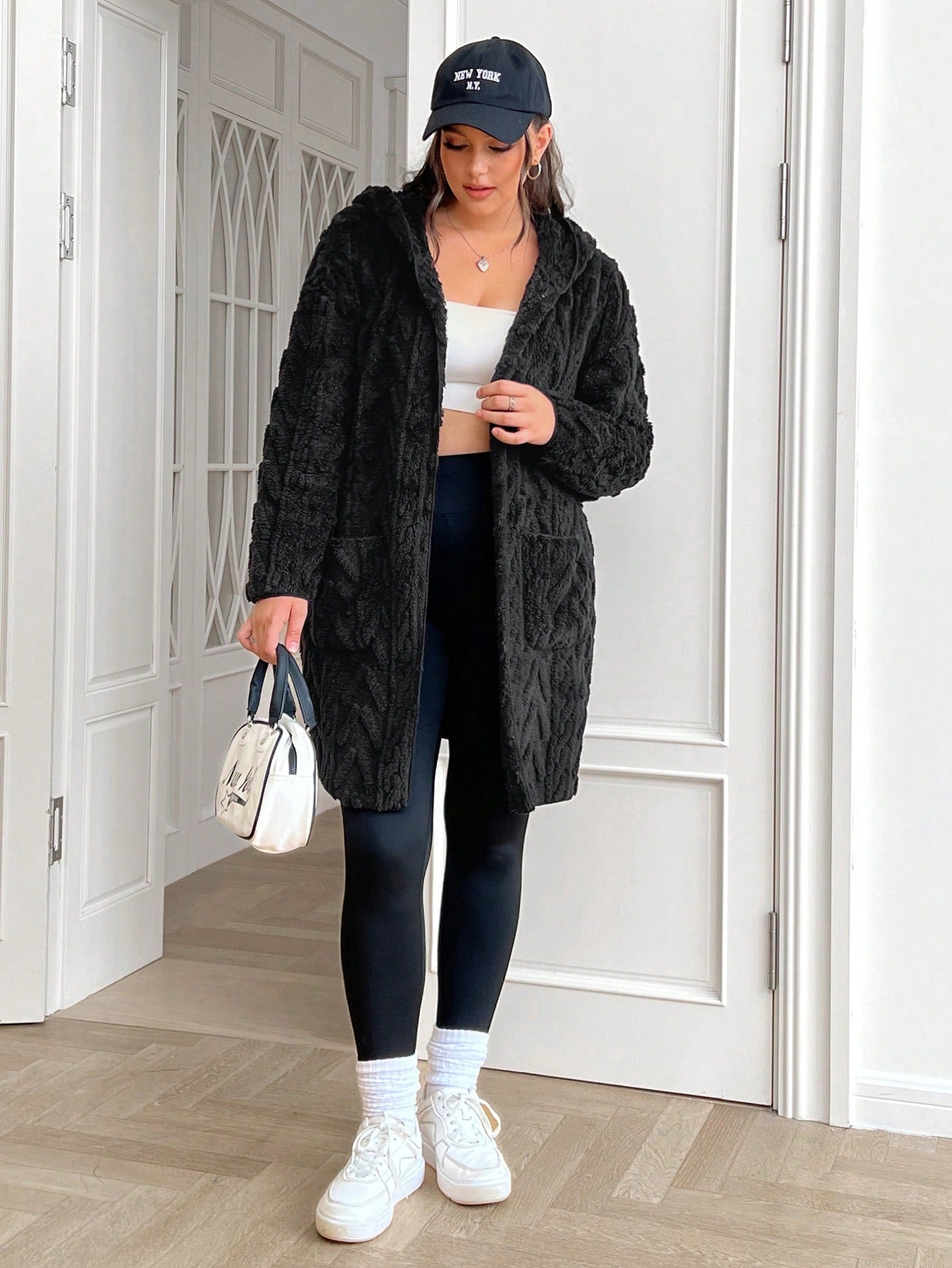 معطف بقياسات كبيرة ، نسيج جاكارد مخملي دافئ للشتاء