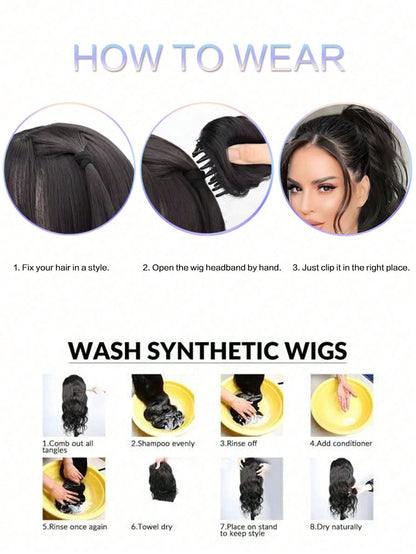 إكستنشن شعر بنصف ذيل حصان اصطناعي قصير مجعد مقاوم للحرارة مع مشبك بطول 14 بوصة، إكستنشن شعر بذيل حصان مزيف للتركيب