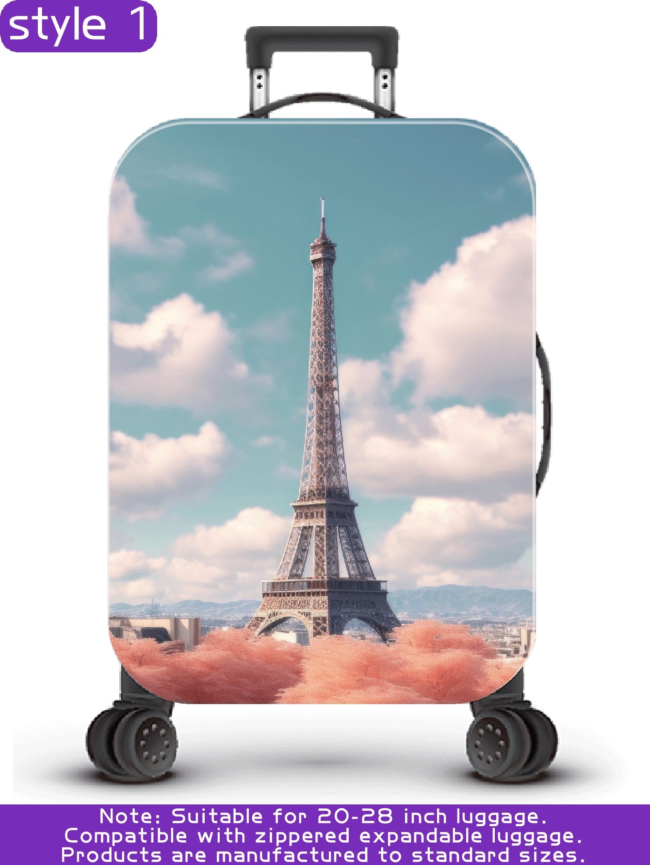 سلسلة برج ايفل، نمط طباعة رقمي شخصي، عملية الإنتاج ترقية بشكل عام، عملية التهيئة الشاملة بحواف مطاطية، قماش مطاطي سميك، قابل للغسل، غطاء حماية للحقيبة، غطاء للحقيبة، غطاء غبار للحقيبة، غطاء غبار للحقيبة، مناسب جداً لرحلات العمل، السفر، فحص الأمتعة، مناسب