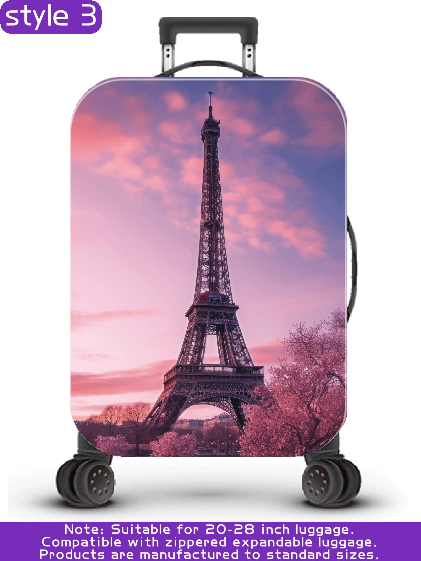 سلسلة برج ايفل، نمط طباعة رقمي شخصي، عملية الإنتاج ترقية بشكل عام، عملية التهيئة الشاملة بحواف مطاطية، قماش مطاطي سميك، قابل للغسل، غطاء حماية للحقيبة، غطاء للحقيبة، غطاء غبار للحقيبة، غطاء غبار للحقيبة، مناسب جداً لرحلات العمل، السفر، فحص الأمتعة، مناسب
