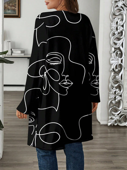 كارديجان كبير الحجم بتصميم فني مجرّد واسع للنساء، بأكمام طويلة