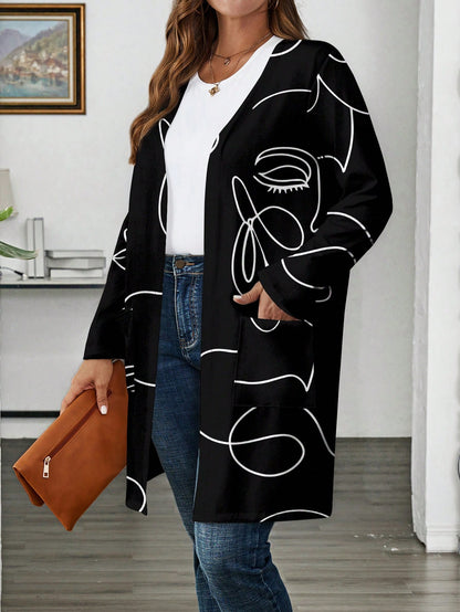 كارديجان كبير الحجم بتصميم فني مجرّد واسع للنساء، بأكمام طويلة