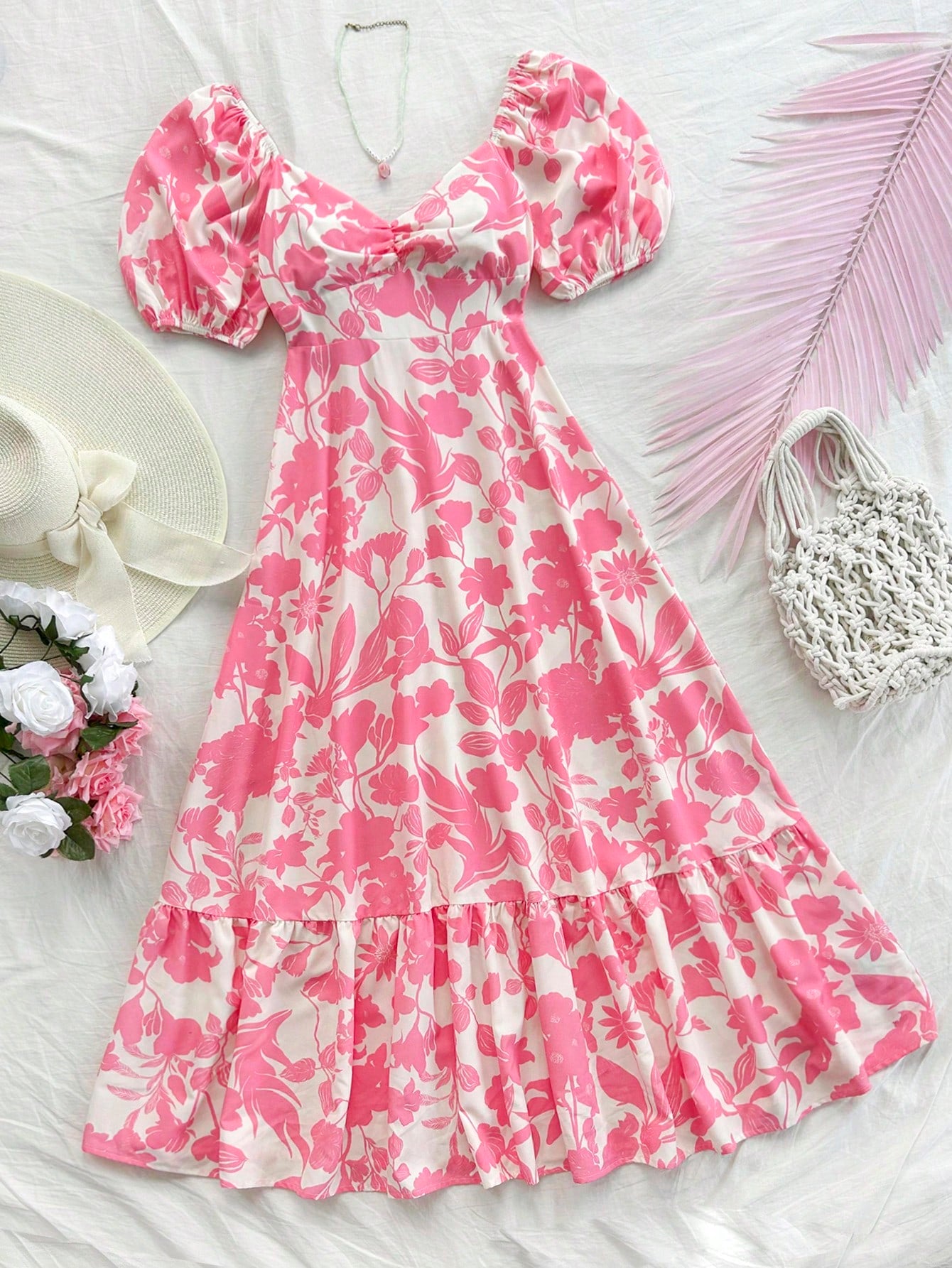 فستان كاجوال للنساء بطبعة العطلة، أكمام منفوشة وذيل مكرر، طرف مزدوج اللون رومانسي لحفل الزفاف أو العودة للمدرسة, وردي وأبيض