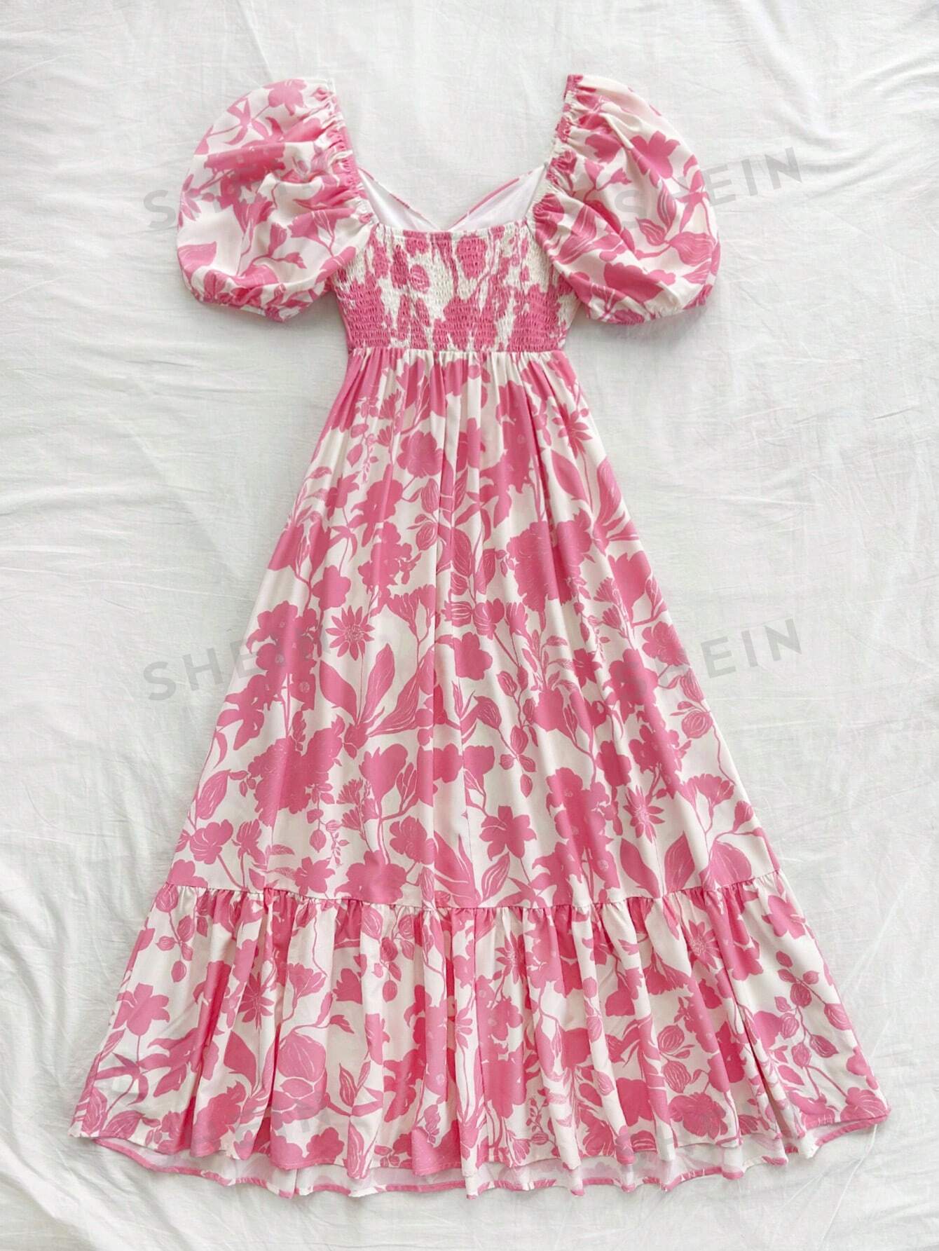 فستان كاجوال للنساء بطبعة العطلة، أكمام منفوشة وذيل مكرر، طرف مزدوج اللون رومانسي لحفل الزفاف أو العودة للمدرسة, وردي وأبيض