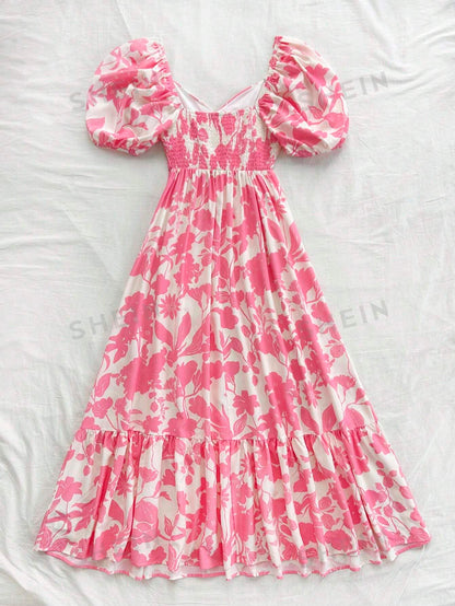 فستان كاجوال للنساء بطبعة العطلة، أكمام منفوشة وذيل مكرر، طرف مزدوج اللون رومانسي لحفل الزفاف أو العودة للمدرسة, وردي وأبيض