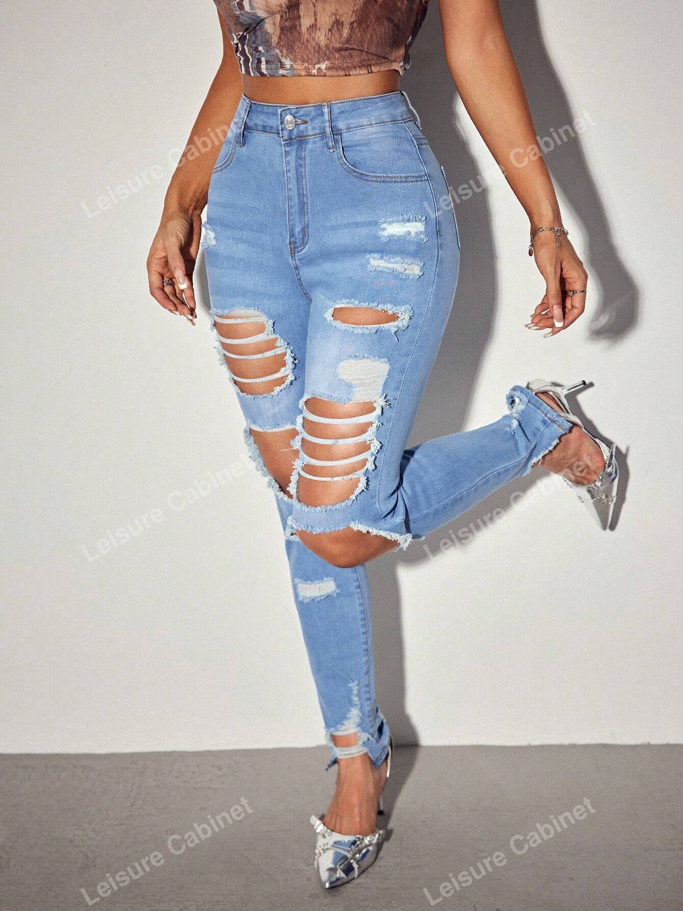 بنطال جينز نسائي كاجوال بقصة ضيقة وجيوب وفتحات ممزقة