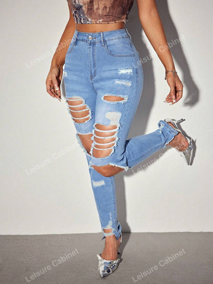 بنطال جينز نسائي كاجوال بقصة ضيقة وجيوب وفتحات ممزقة