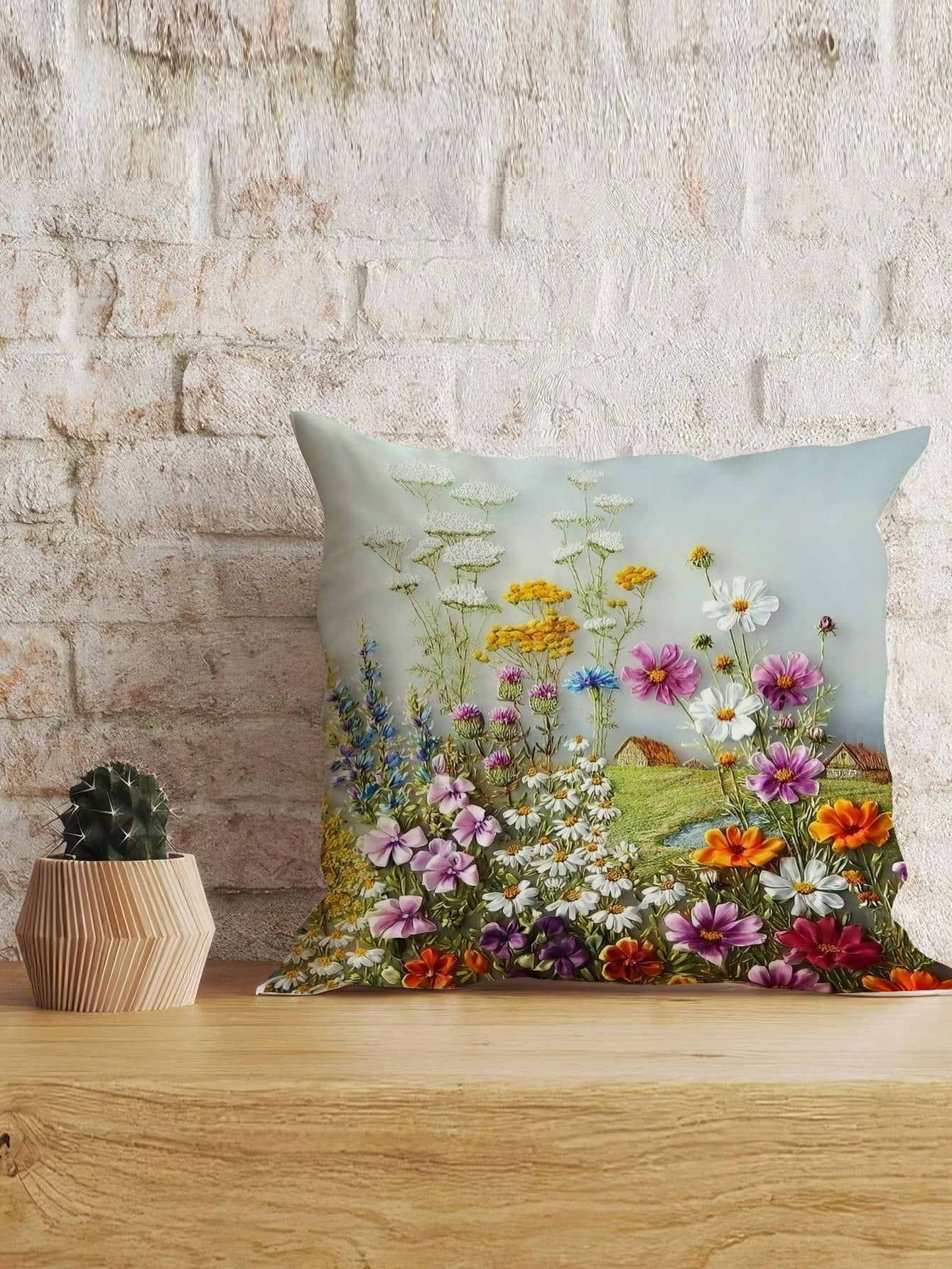 غطاء وسادة بوليستر مع نمط النباتات والزهور