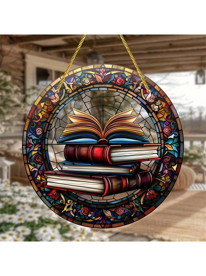 قطعة واحدة من نافذة معلقة على شكل كتب مكدسة بطراز نافذة الزجاج الملون