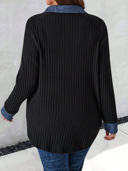 جاكيت شتوي للمرأة البدينة من قماش أسود نرم مع ياقة إضافية للخريف