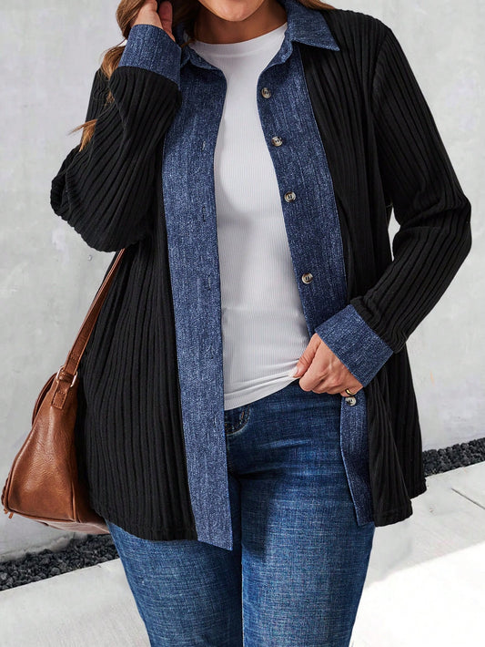 جاكيت شتوي للمرأة البدينة من قماش أسود نرم مع ياقة إضافية للخريف