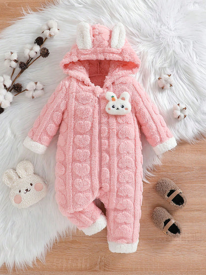 بدلة رومبر سميكة بأذنين الأرنب بغطاء للفتيات الرضع لفصل الشتاء