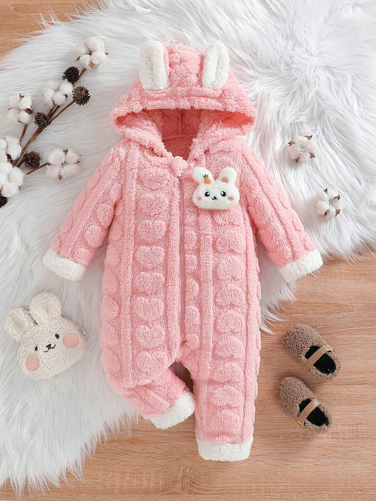 بدلة رومبر سميكة بأذنين الأرنب بغطاء للفتيات الرضع لفصل الشتاء