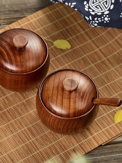 صحن ملح بالغطاء والملعقة، حاويات ملح خشبية سعة 6 أونصات