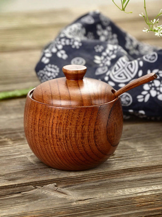 صحن ملح بالغطاء والملعقة، حاويات ملح خشبية سعة 6 أونصات