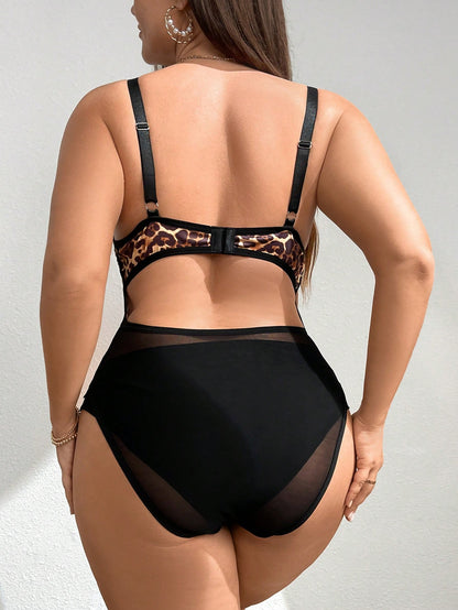 بودي سوت بربطة عنق و زركشات قطرية جذابة بلون أحادي للنساء بمقاس كبير، نمط فهد