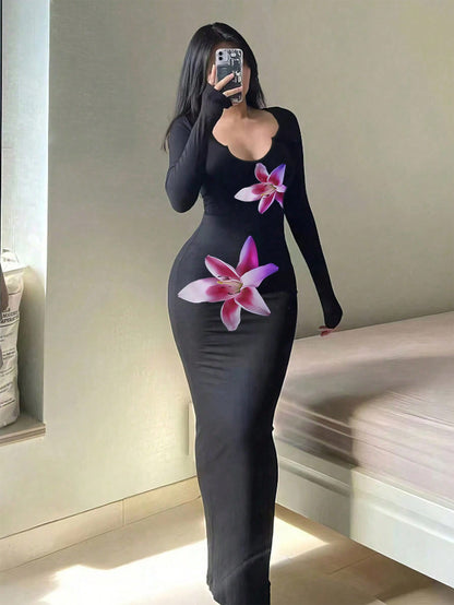 فستان بودي كون نسائي ضيق بأكمام طويلة وتصميم بسيط منسوج بطباعة كاليفورنيا