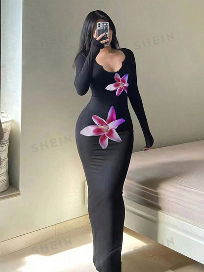 فستان بودي كون نسائي ضيق بأكمام طويلة وتصميم بسيط منسوج بطباعة كاليفورنيا